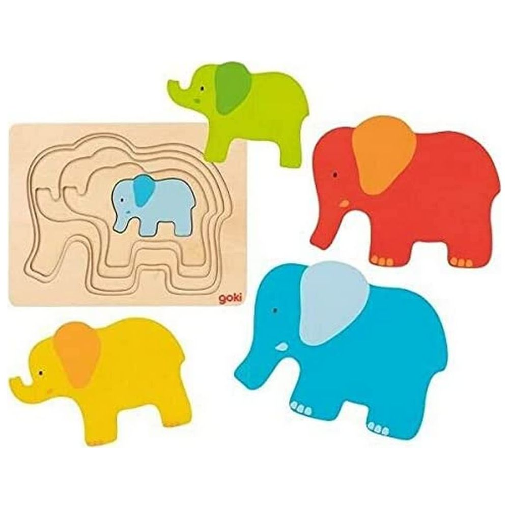 Ein Holzpuzzle mit Elefanten in bunten Farben: rot, blau, gelb und grün.