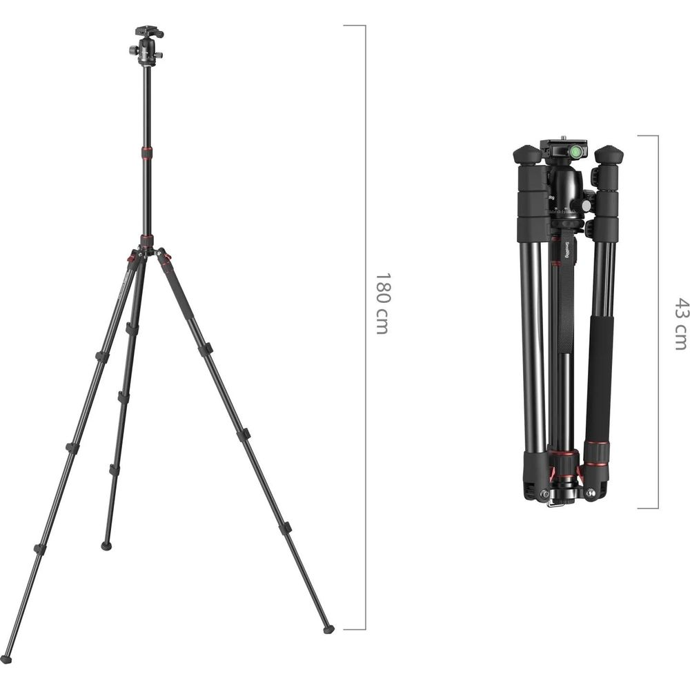 Ein ausgefahrener Stativ (180 cm) und ein zusammengeklapptes Stativ (43 cm).