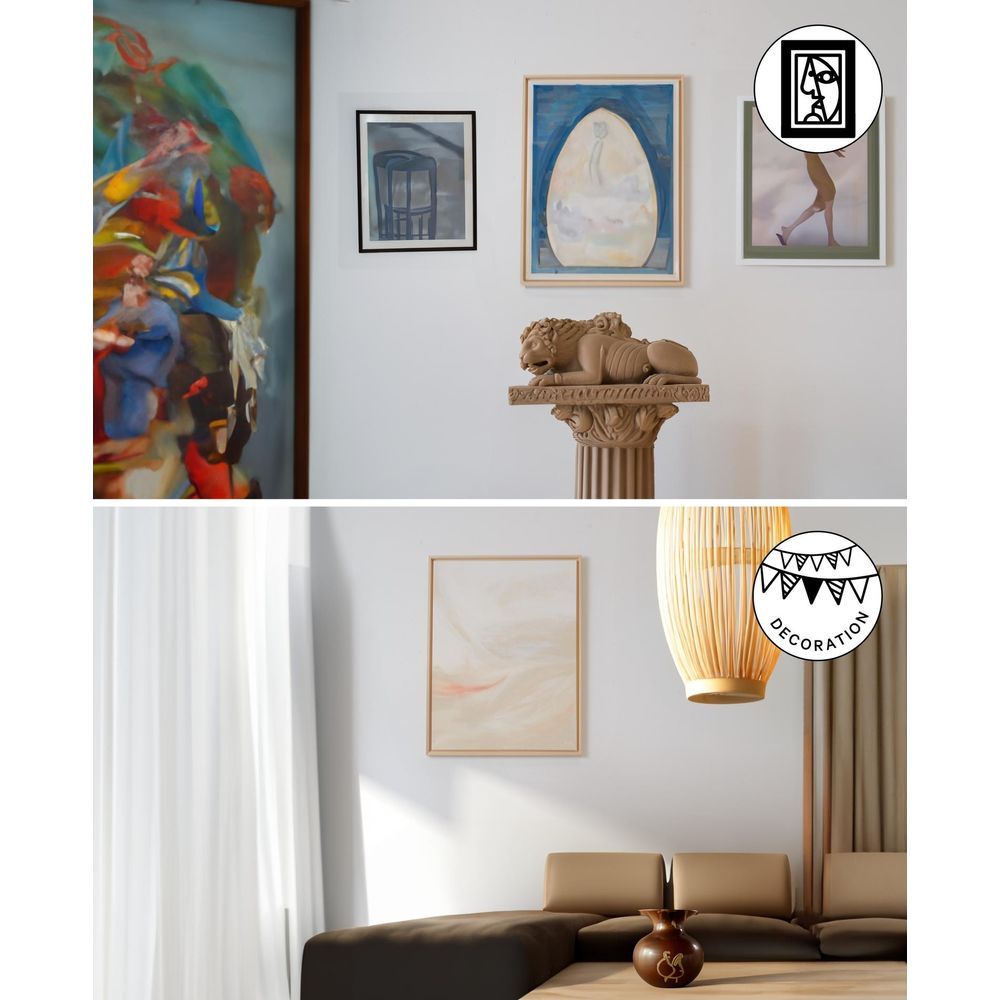 Art aux murs, statue de lion sur socle, canapé et lampe dans la pièce.