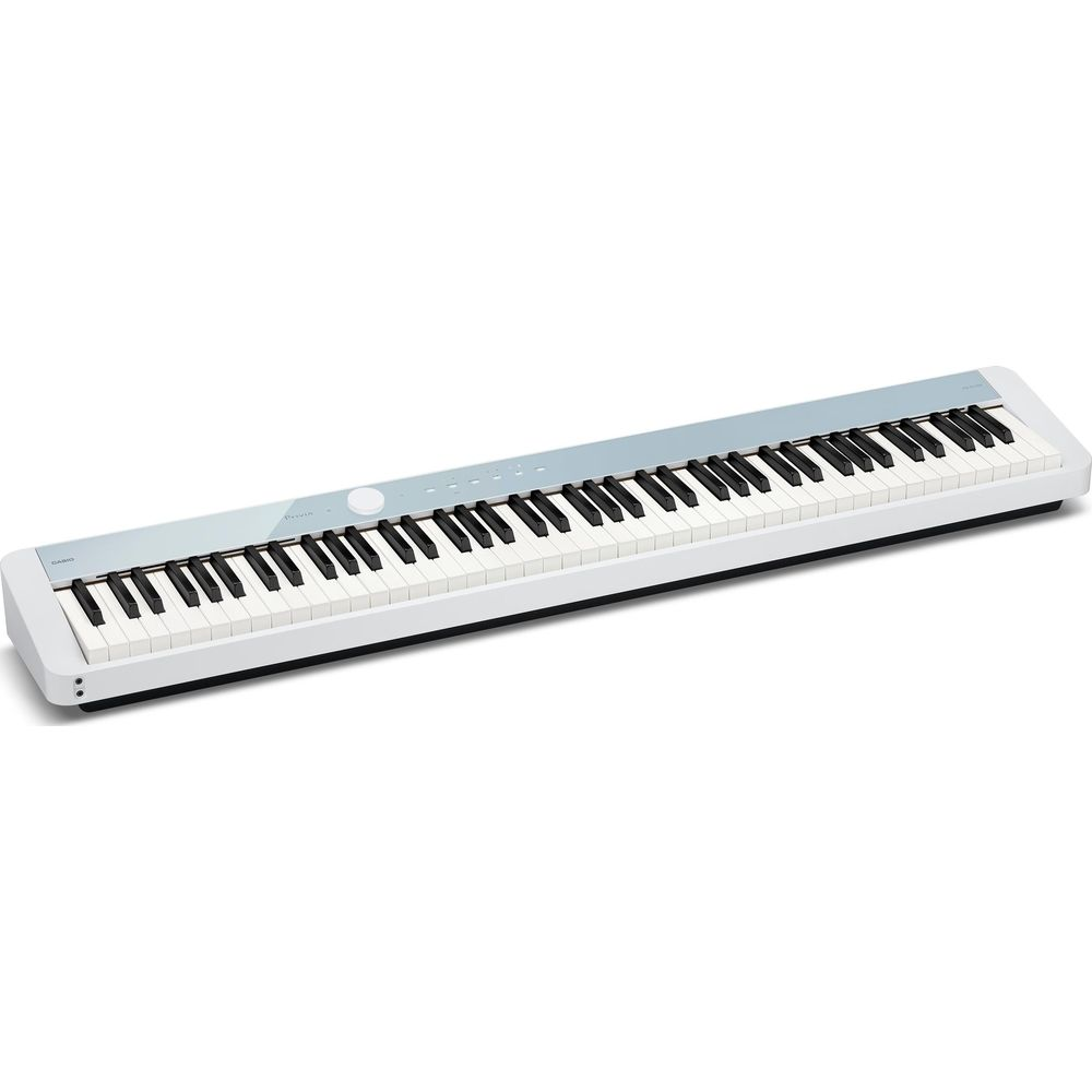 Ein schlankes, hellblaues und weißes Digitalpiano mit vielen Tasten.
