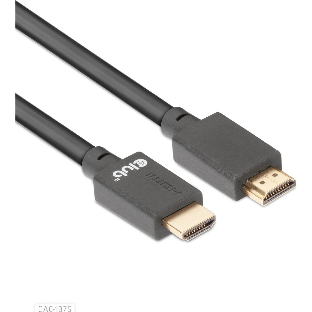 Schwarzes HDMI-Kabel mit goldenen Steckern und dem Club 3D Logo.