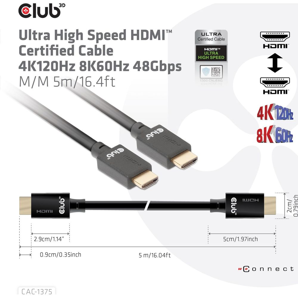 Ein Club 3D HDMI-Kabel mit goldenen Steckern und Beschriftung.