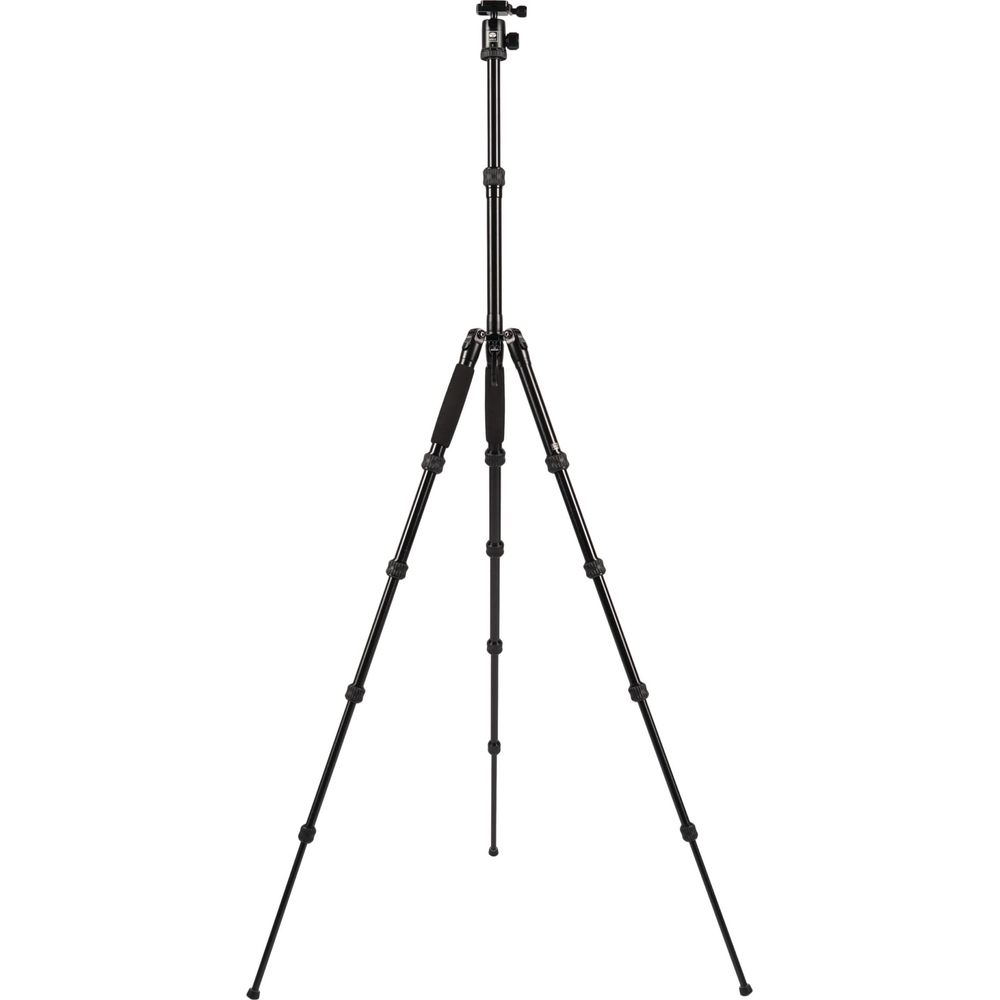 Un treppiede nero estensibile con tre gambe e una testa per fotocamera.