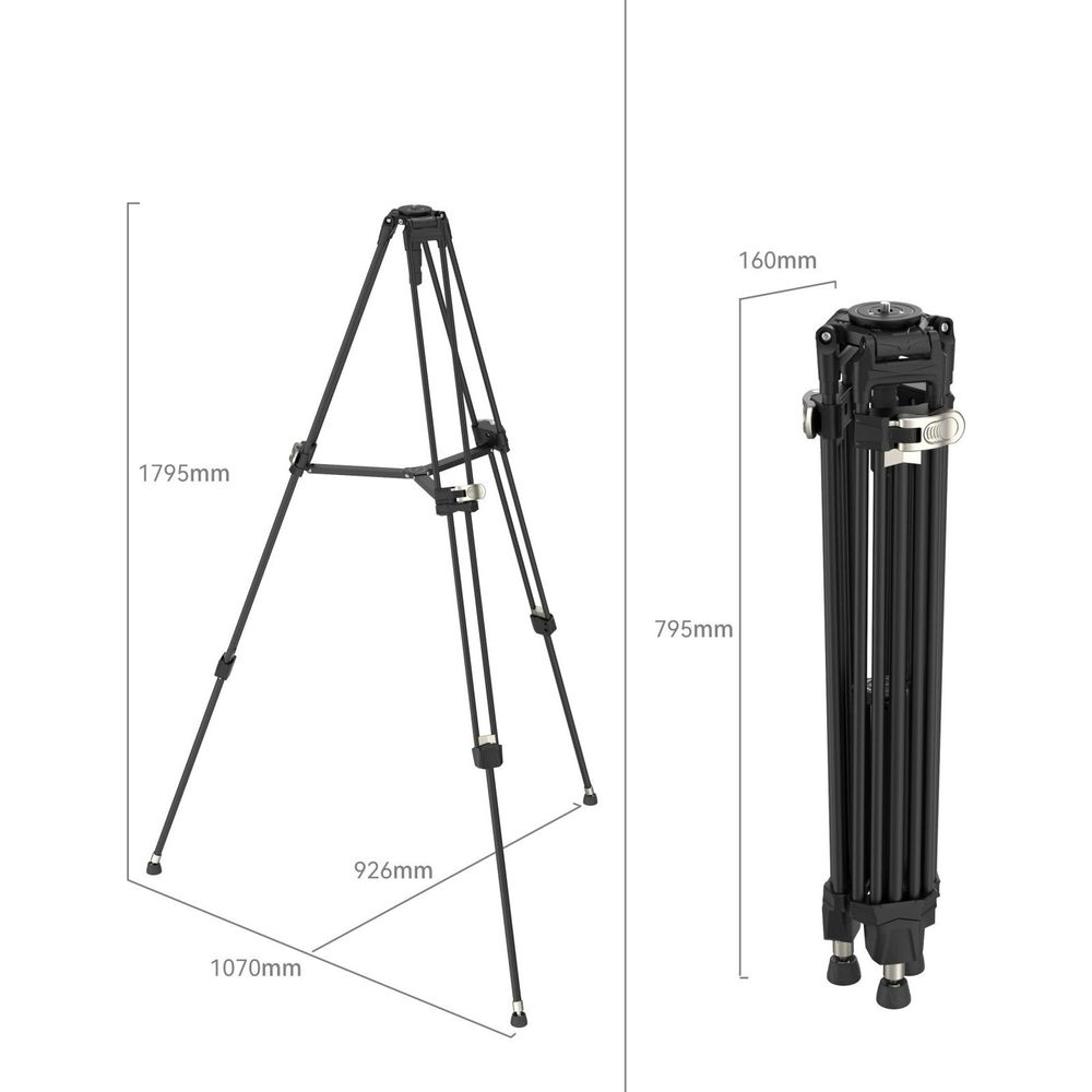 Ein schwarzes Stativ ist ausgefahren (1795mm hoch) und zusammengeklappt (795mm hoch).