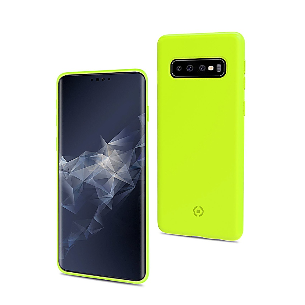 Uno smartphone verde brillante con schermo nero e fotocamere.