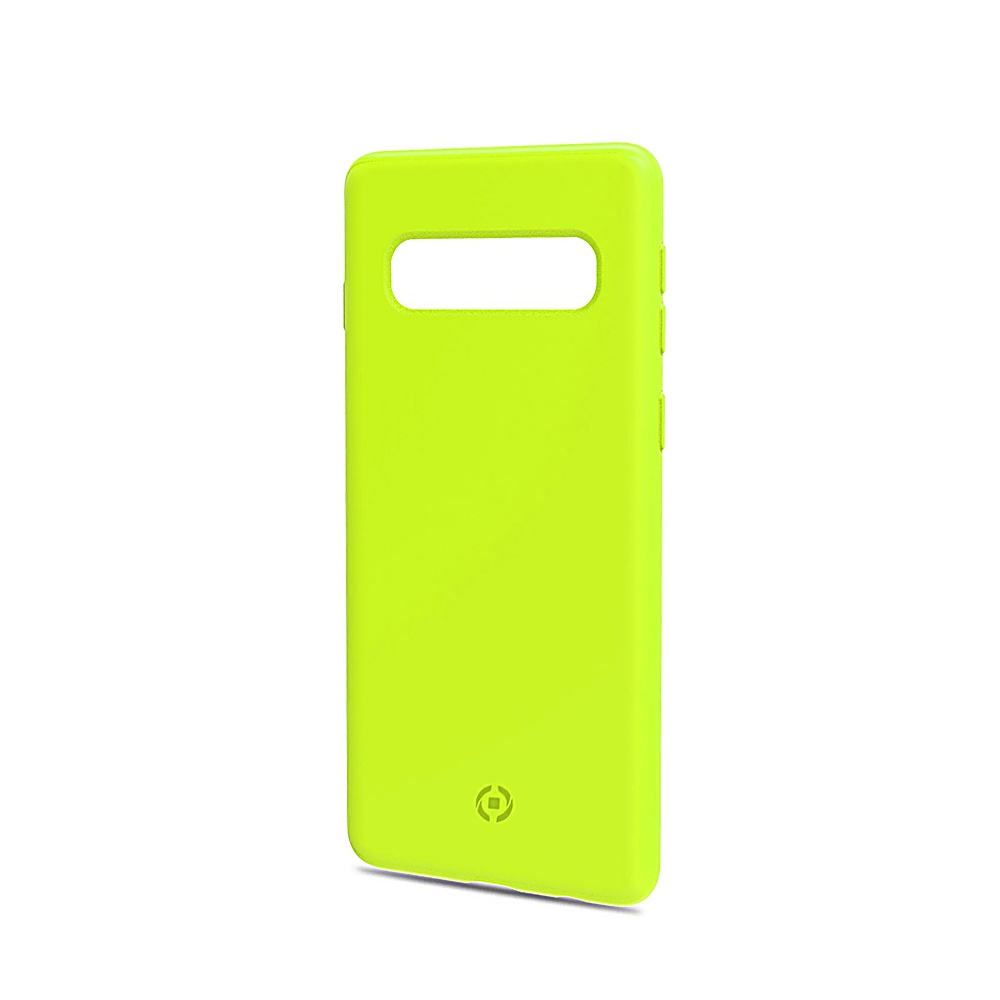 Una custodia per telefono verde brillante con un ritaglio rettangolare in alto.
