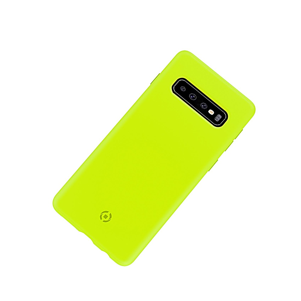 Custodia per telefono giallo brillante con modulo fotocamera e logo su sfondo bianco.