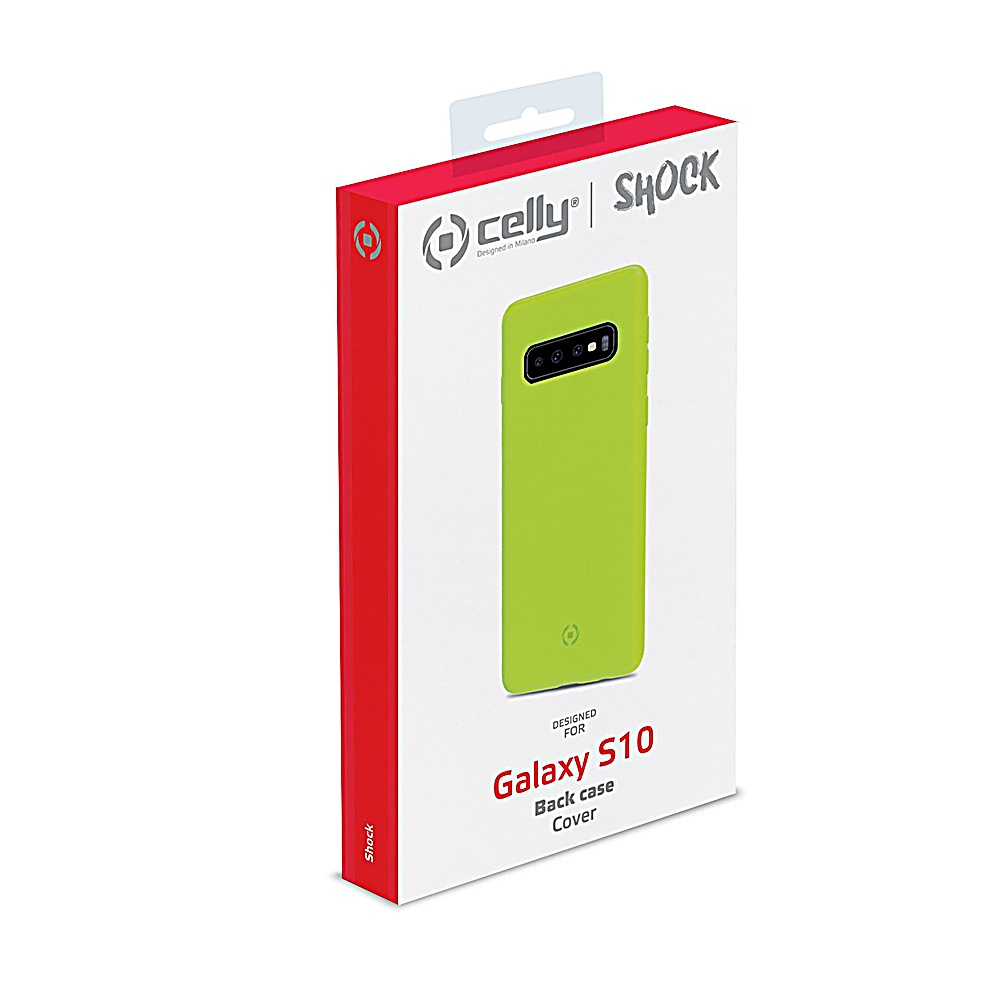 Una cover verde Celly Shock per Galaxy S10 sulla sua scatola.