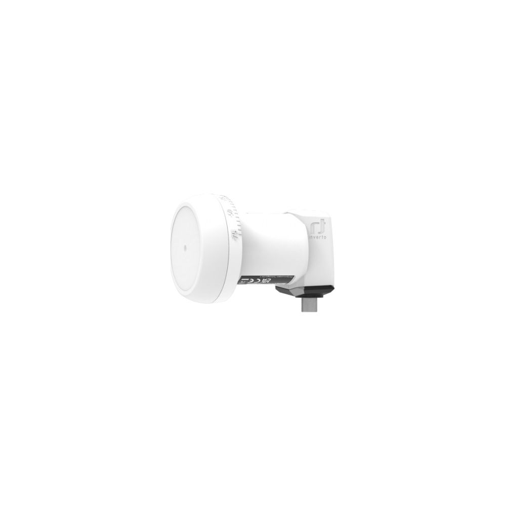 Weißer Satelliten-LNB mit 'Inverto'-Logo und dunklem Stecker.