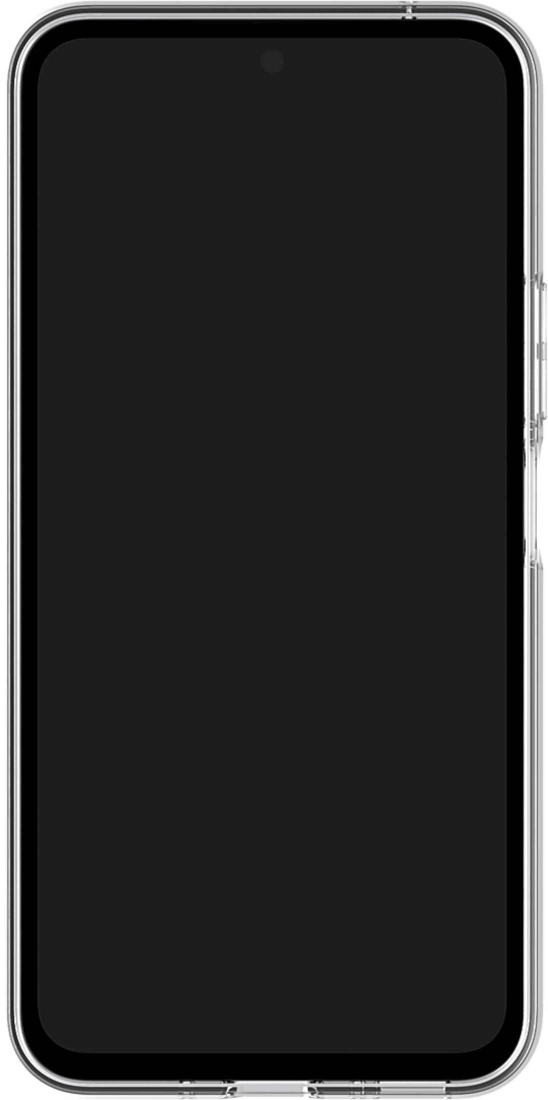 Ein schwarzes Smartphone mit klarer Hülle wird von vorne gezeigt.