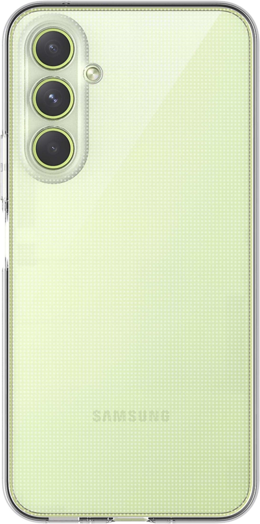 Rückseite eines hellgrünen Smartphones mit drei Kameras und Samsung-Logo.