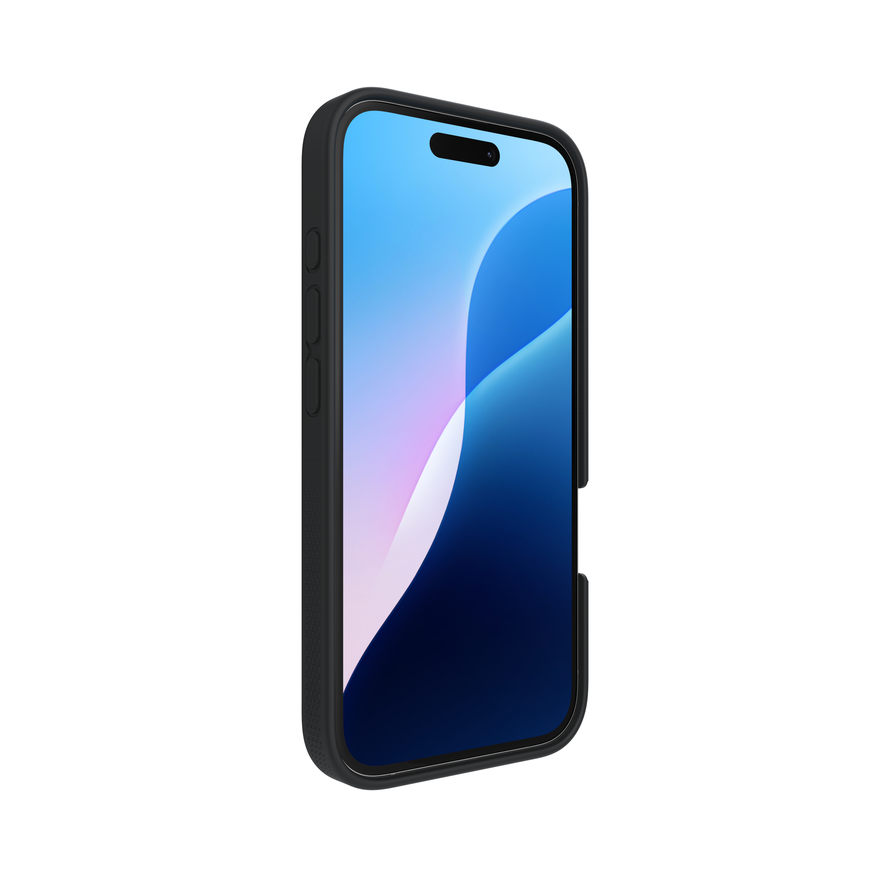 Ein schwarzes iPhone-Gehäuse mit einem blauen und rosa Hintergrund.