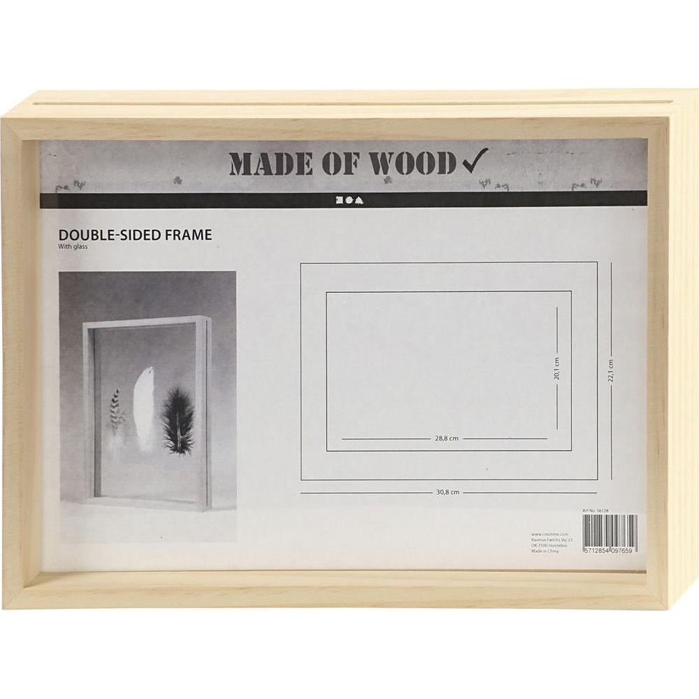 Cadre en bois clair double face avec verre, montrant dimensions et plumes.