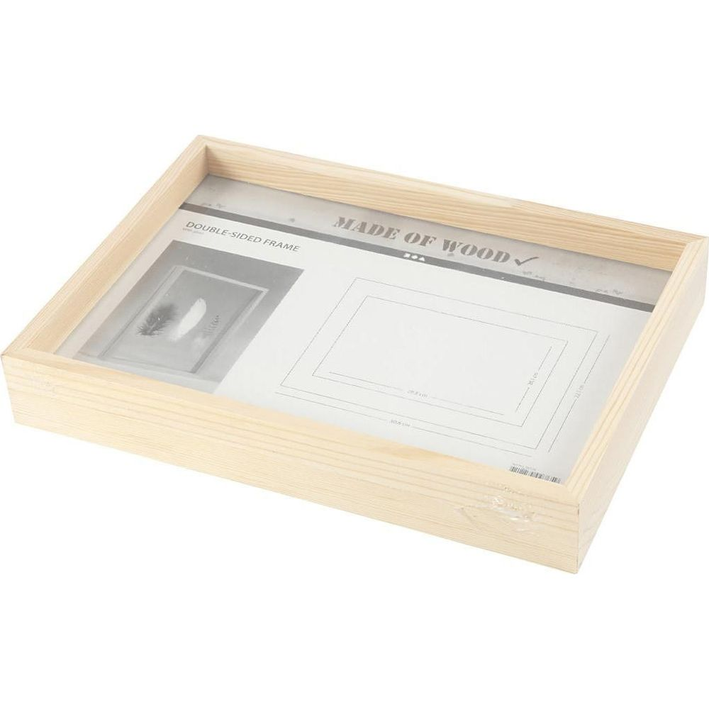 Un cadre photo en bois sur fond blanc avec dimensions.