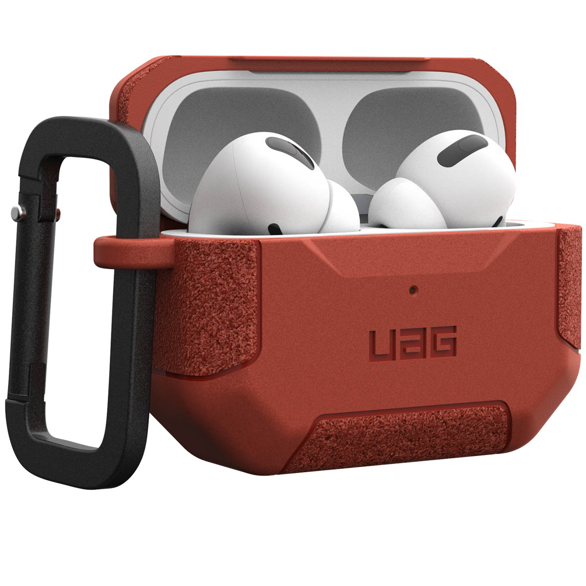 Rote Hülle mit AirPods Pro, Karabiner-Clip.