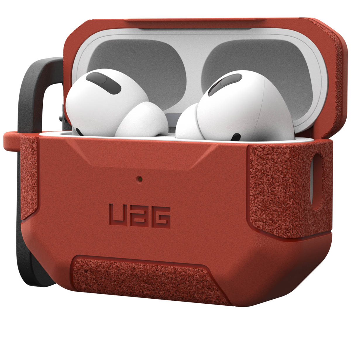 Roter UAG Case mit weißen AirPods Pro, geöffnet, auf weißem Hintergrund.