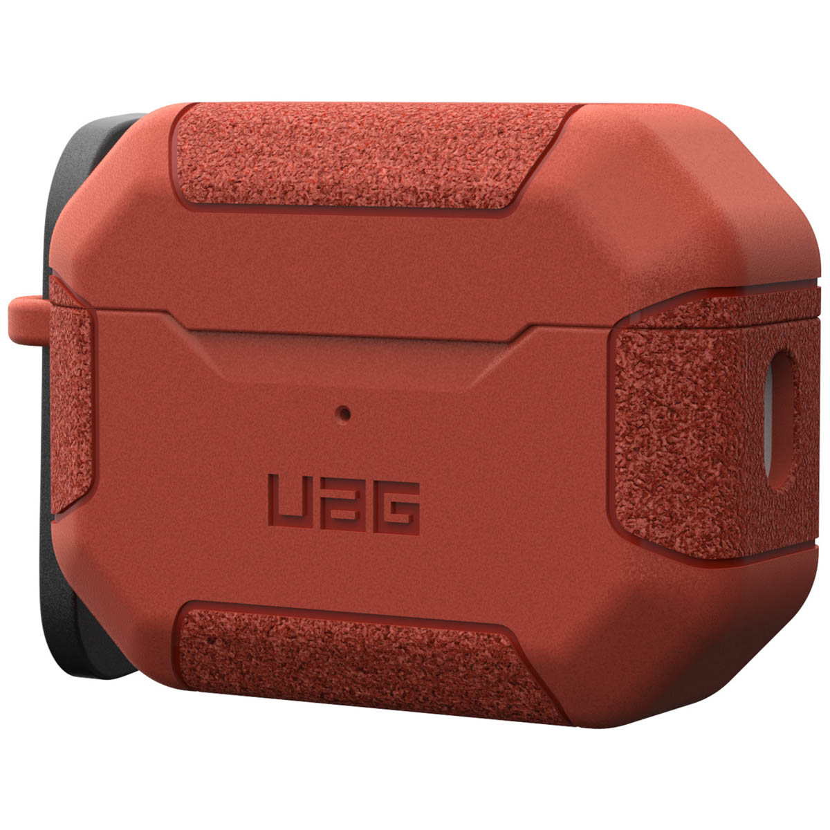 Eine rote Hülle für AirPods Pro mit UAG-Logo und strukturierten Einsätzen.