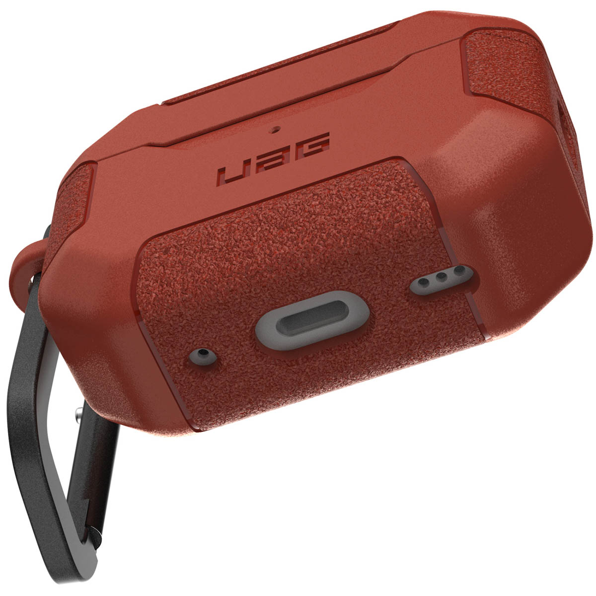 Rote Schutzhülle mit UAG-Logo und Ladeanschluss.