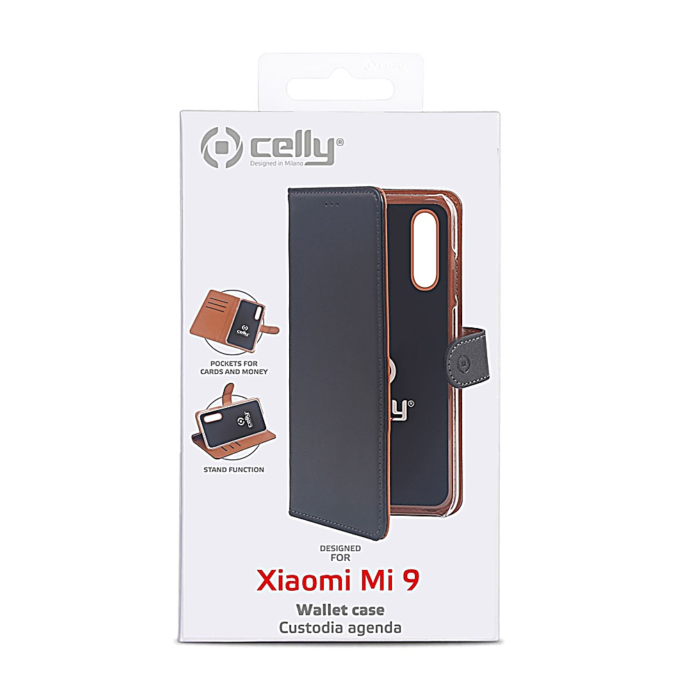 Confezione per una custodia a portafoglio Xiaomi Mi 9 con accenti marroni.