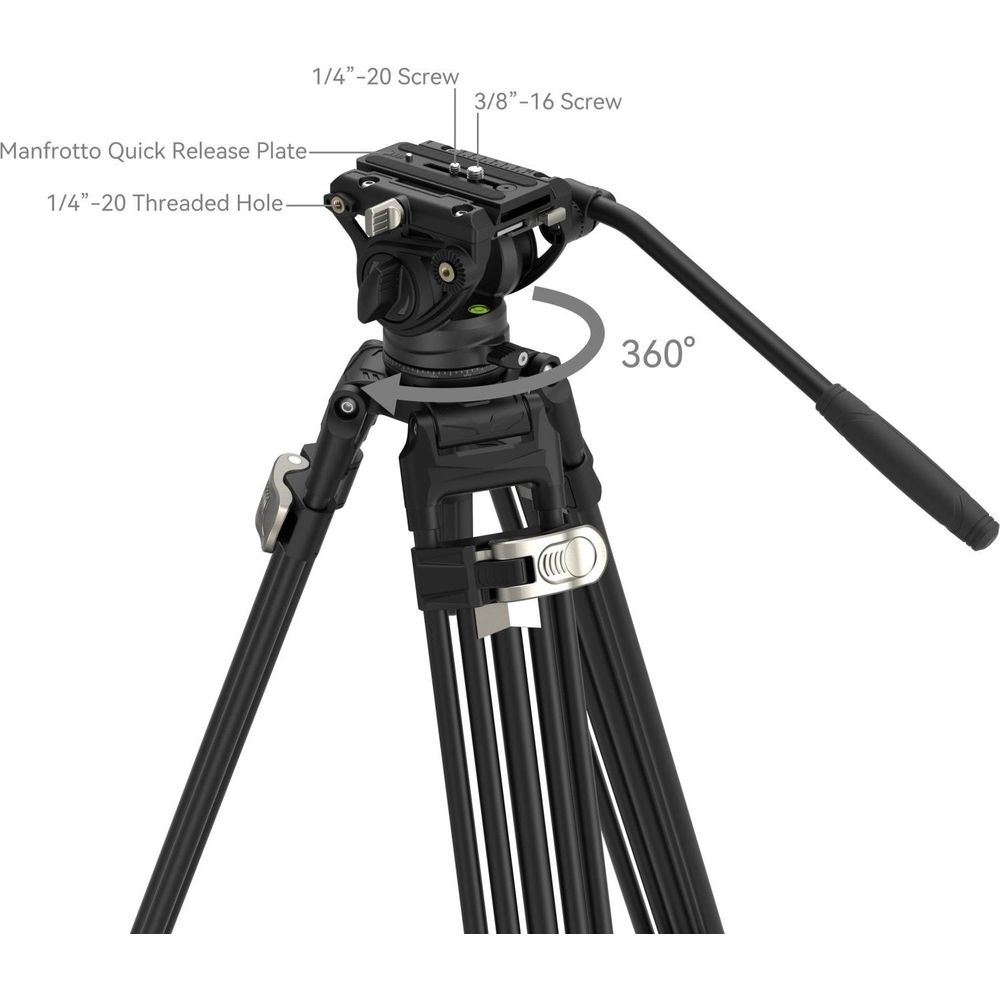 Plaque Manfrotto à libération rapide avec rotation 360°, vis et trou fileté.
