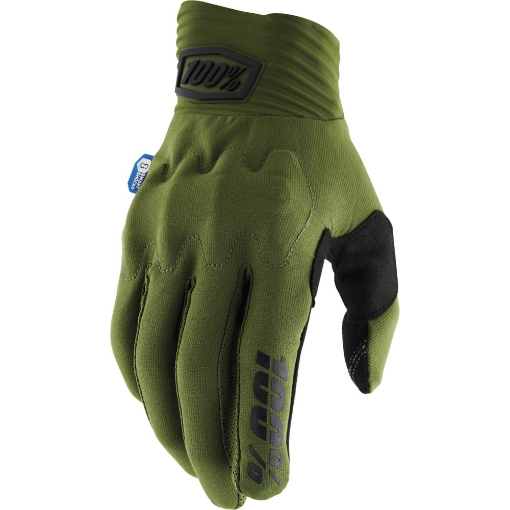 Ein grüner Handschuh mit schwarzen Akzenten und 100%-Logo an Manschette und Handfläche.
