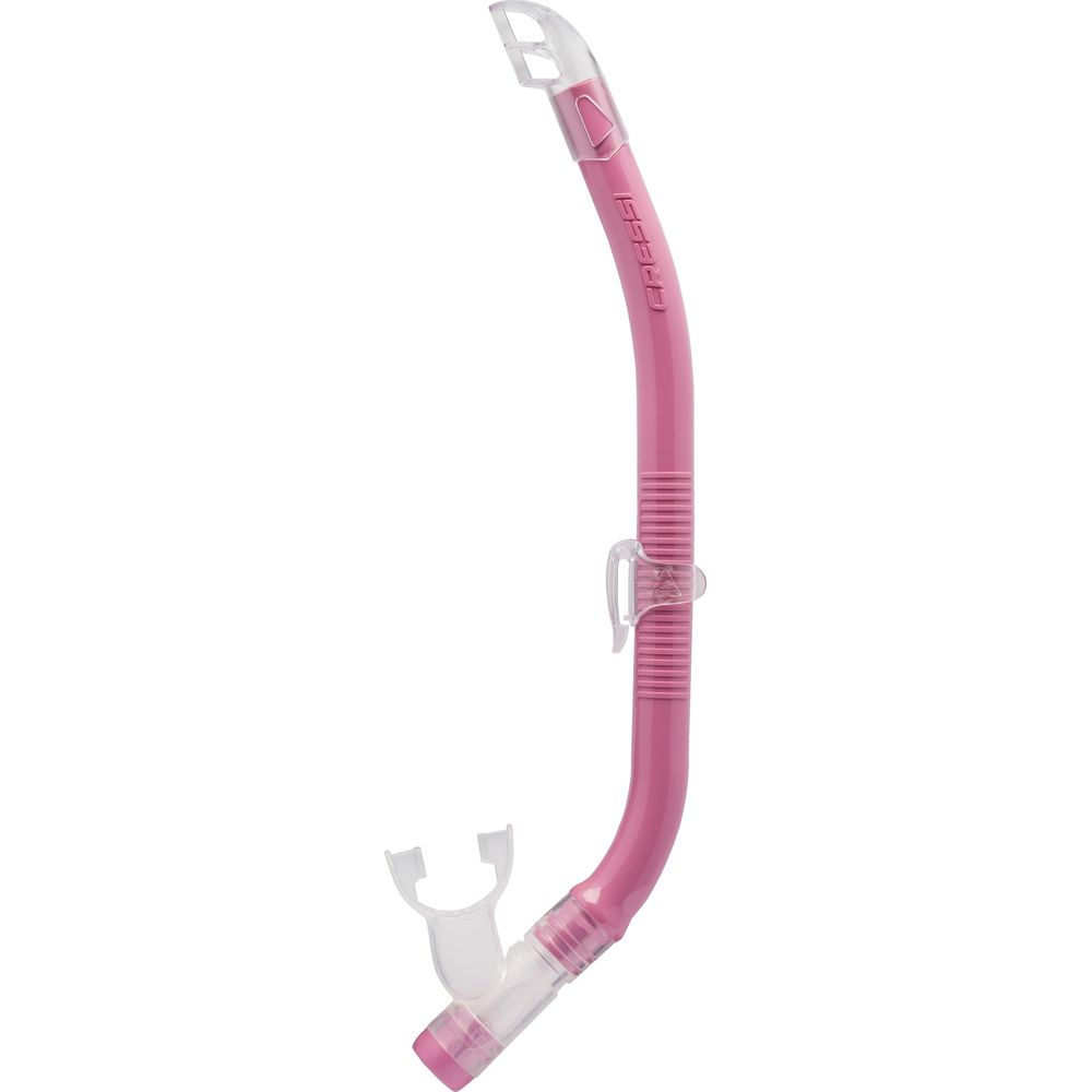 Uno snorkel rosa con boccaglio e clip trasparenti.