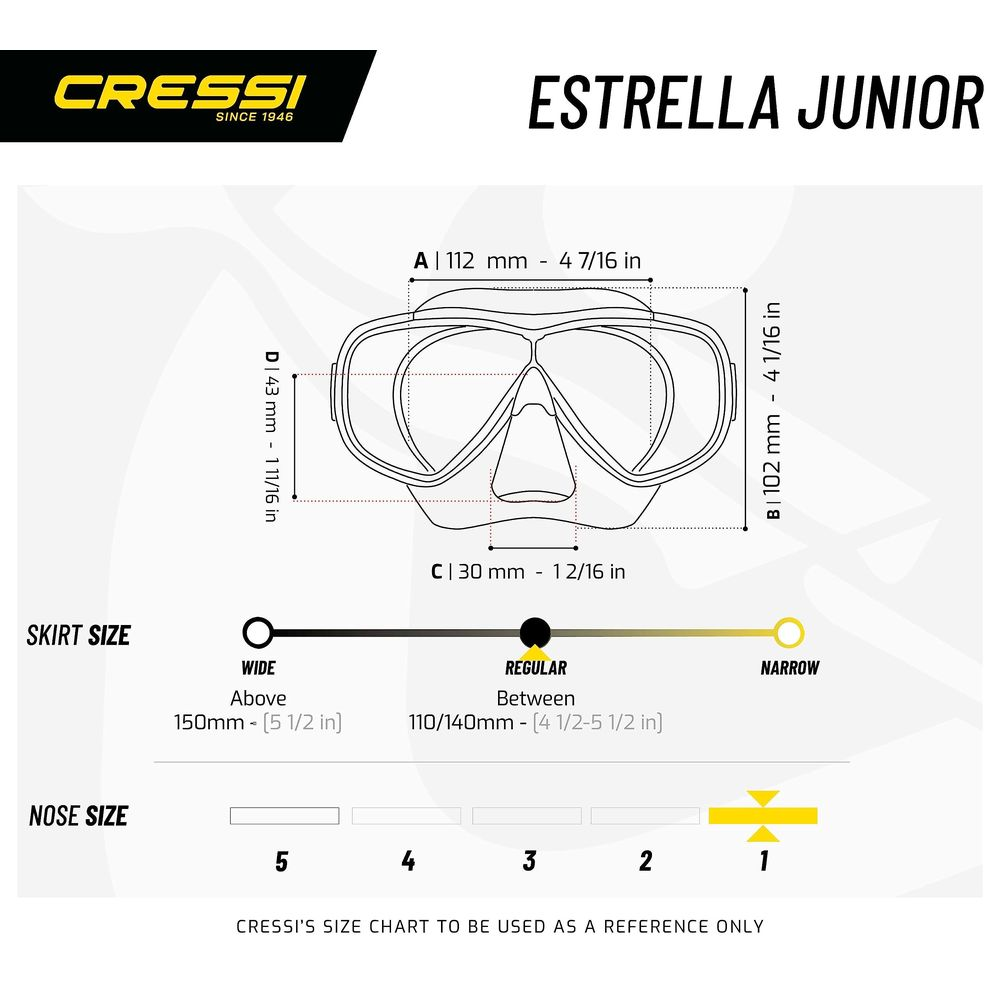 Tabella taglie maschera Cressi Estrella Junior con misure.