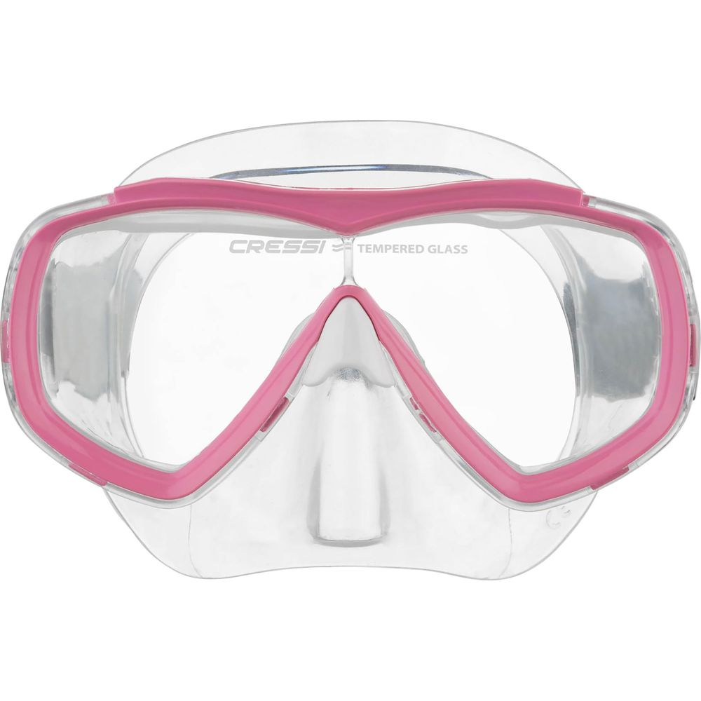 Una maschera subacquea trasparente con cornice e tasca nasale rosa.