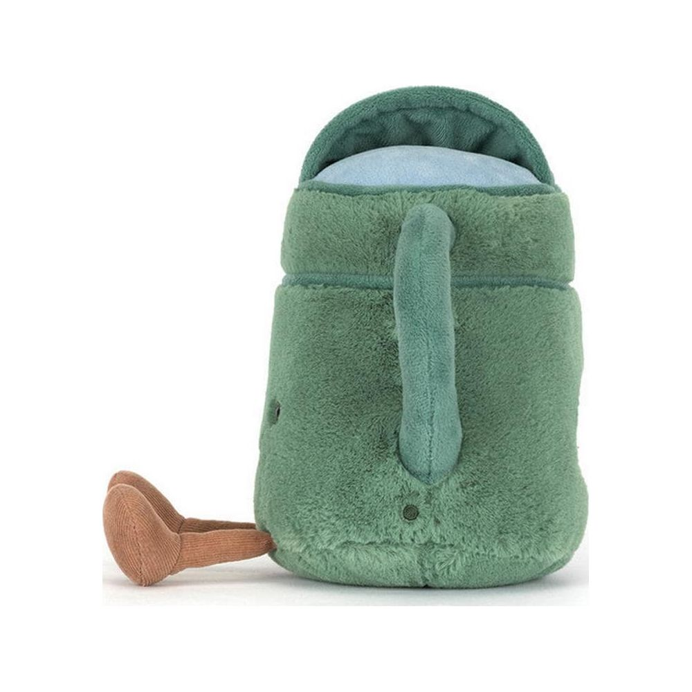 Una teiera di peluche verde con gambe marroni e coperchio blu.