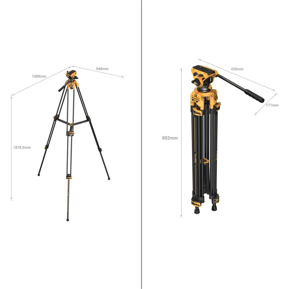 Deux trépieds de caméra avec dimensions. L'un est déployé, l'autre replié.