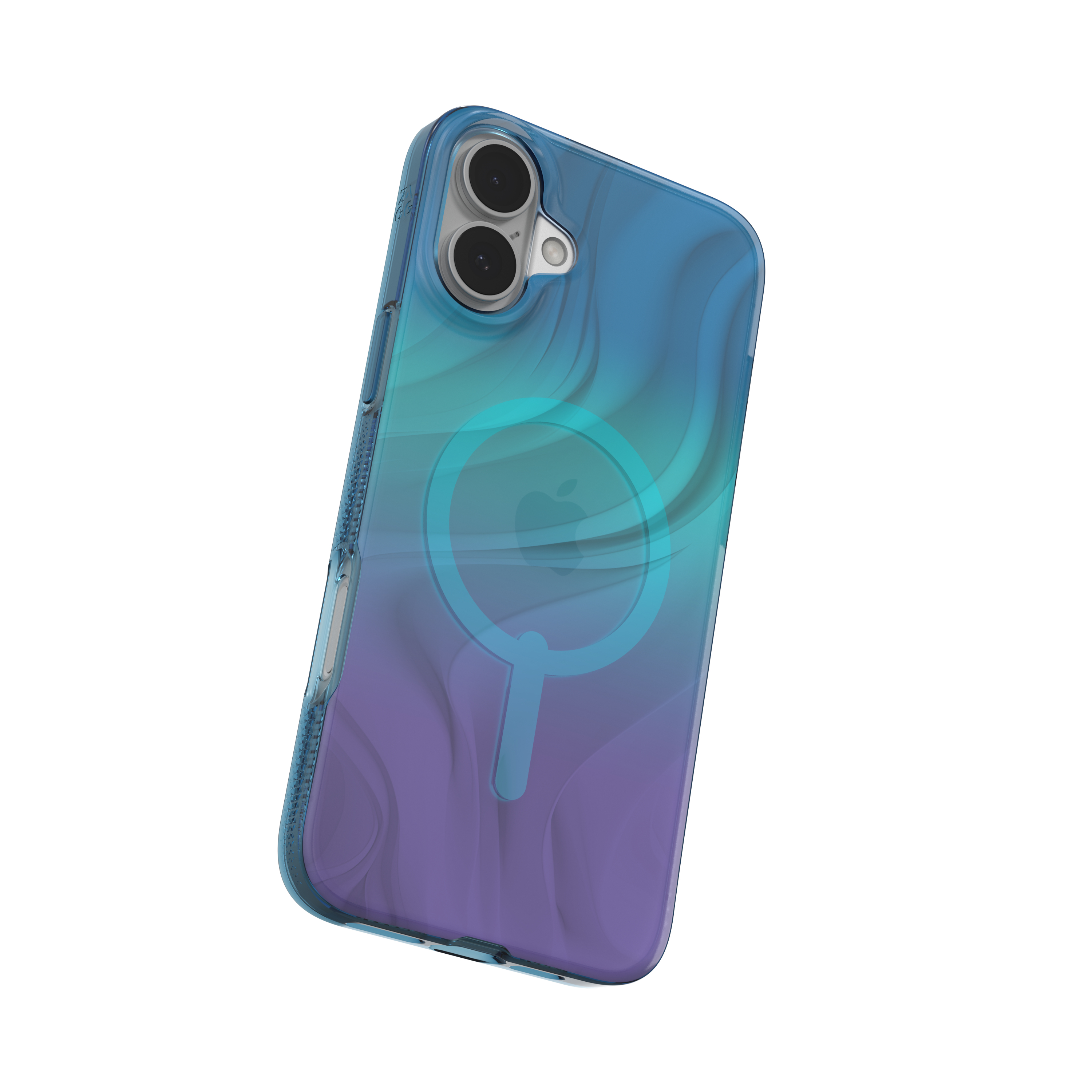 Blaue Hülle für iPhone mit Wirbelmuster und Apple-Logo.