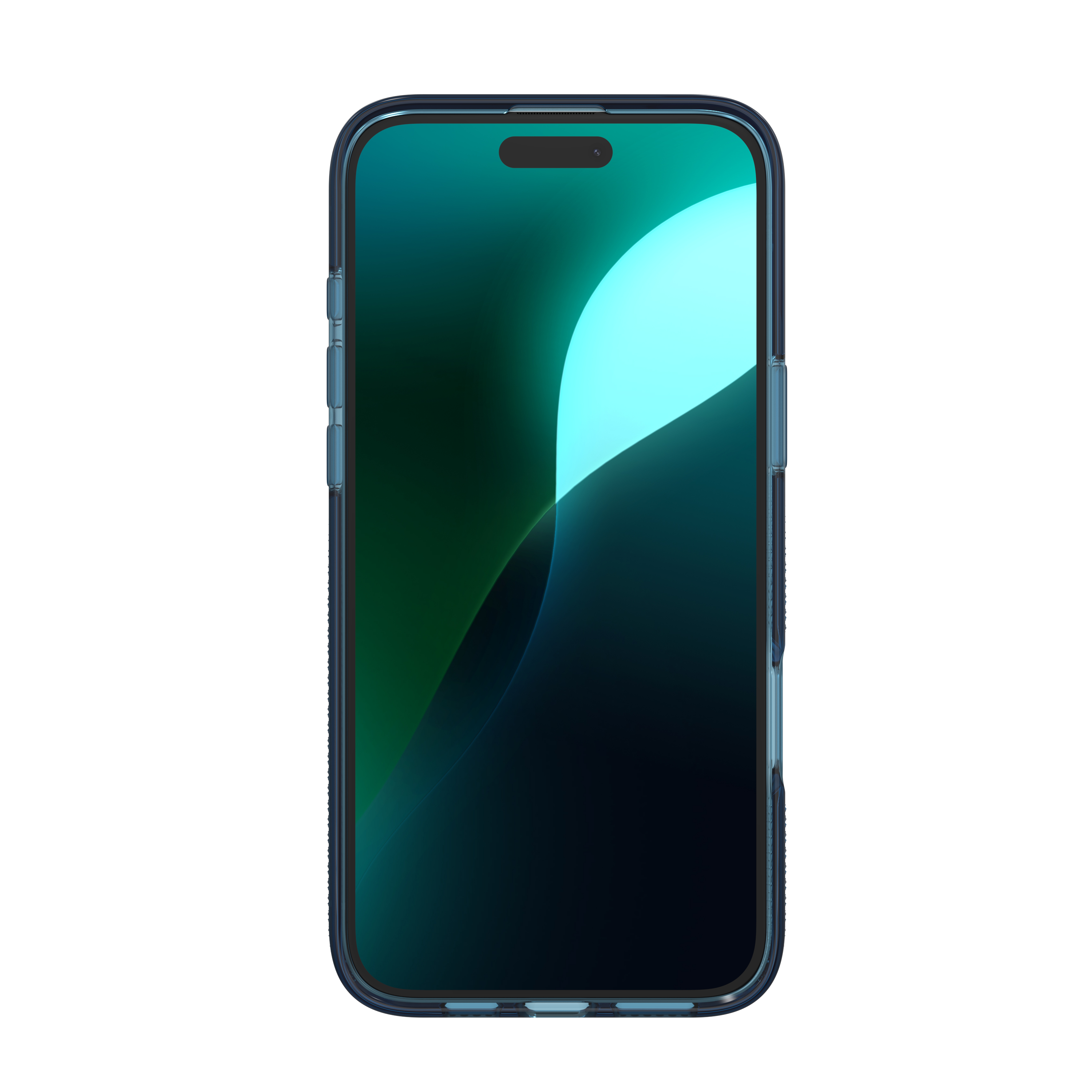 Ein dunkelblauer Handy-Schutz mit einem grünen und hellblauen Hintergrund.
