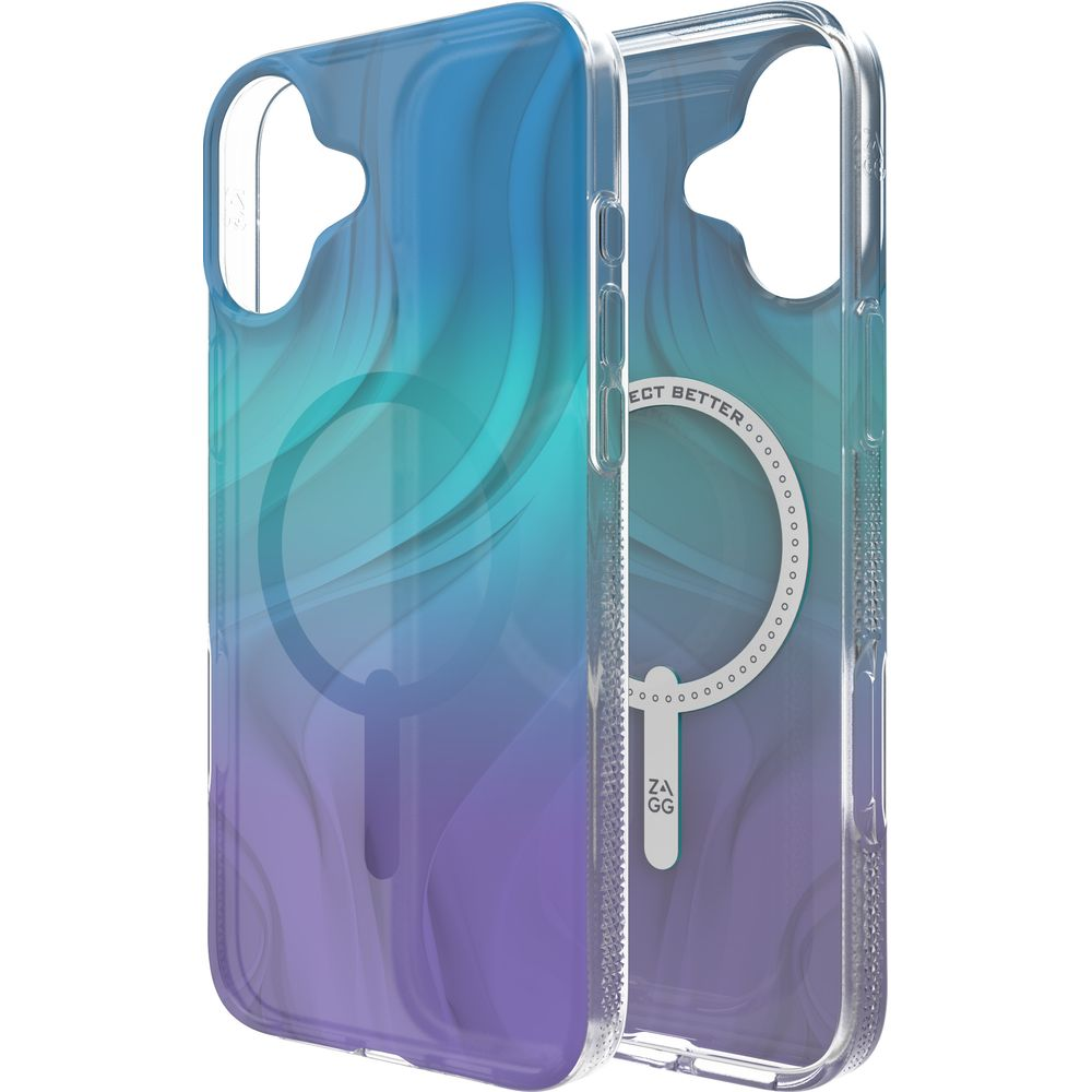 Transparente Hülle mit Farbverlauf in Blau-Lila und MagSafe-Kreis.