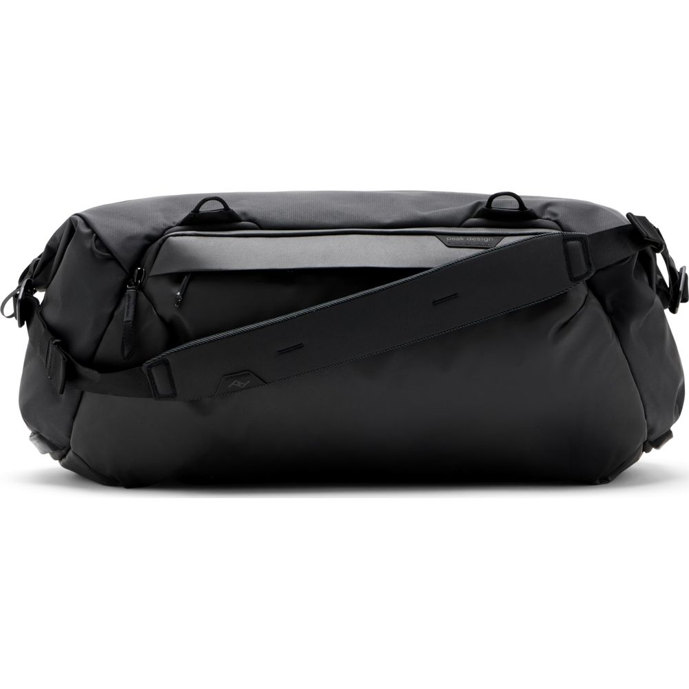 A black duffel bag with a shoulder strap and zippered compartments.