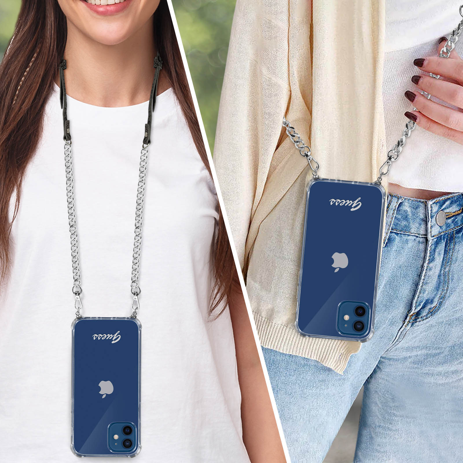 Una donna indossa un iPhone con custodia Guess blu e catena argentata.