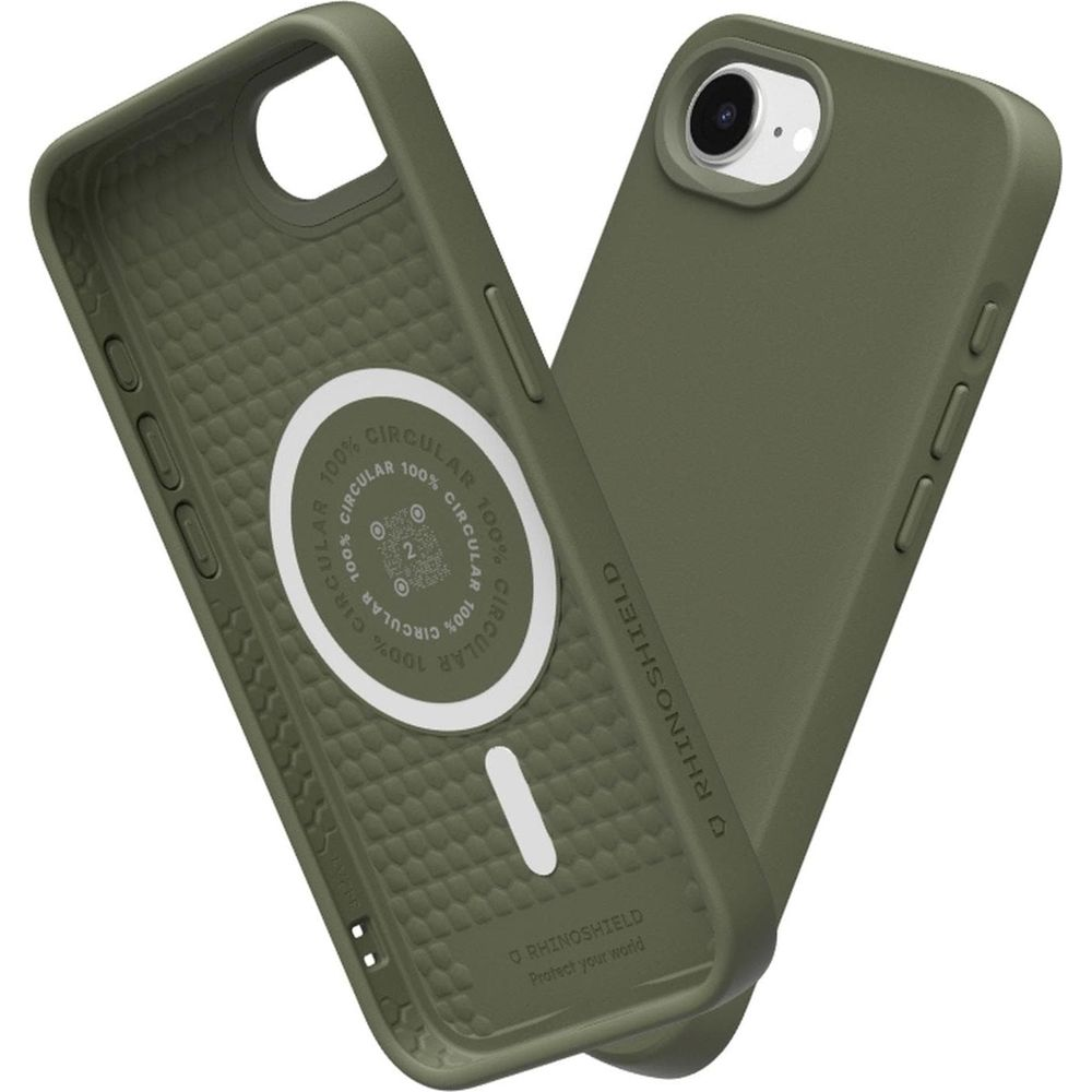 Twee olijfgroene telefoonhoesjes, één open met cirkelvormige magneten en tekst.