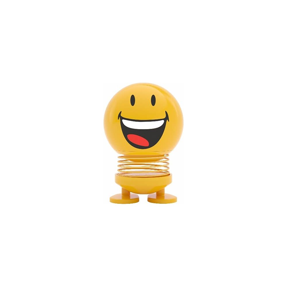 Ein gelber Smiley mit Feder und Füßen auf weißem Hintergrund.