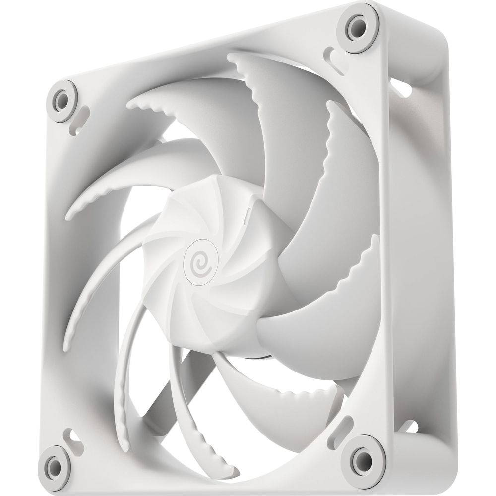 Ein weißer Computerlüfter mit geschwungenen Rotorblättern und einem Logo in der Mitte.