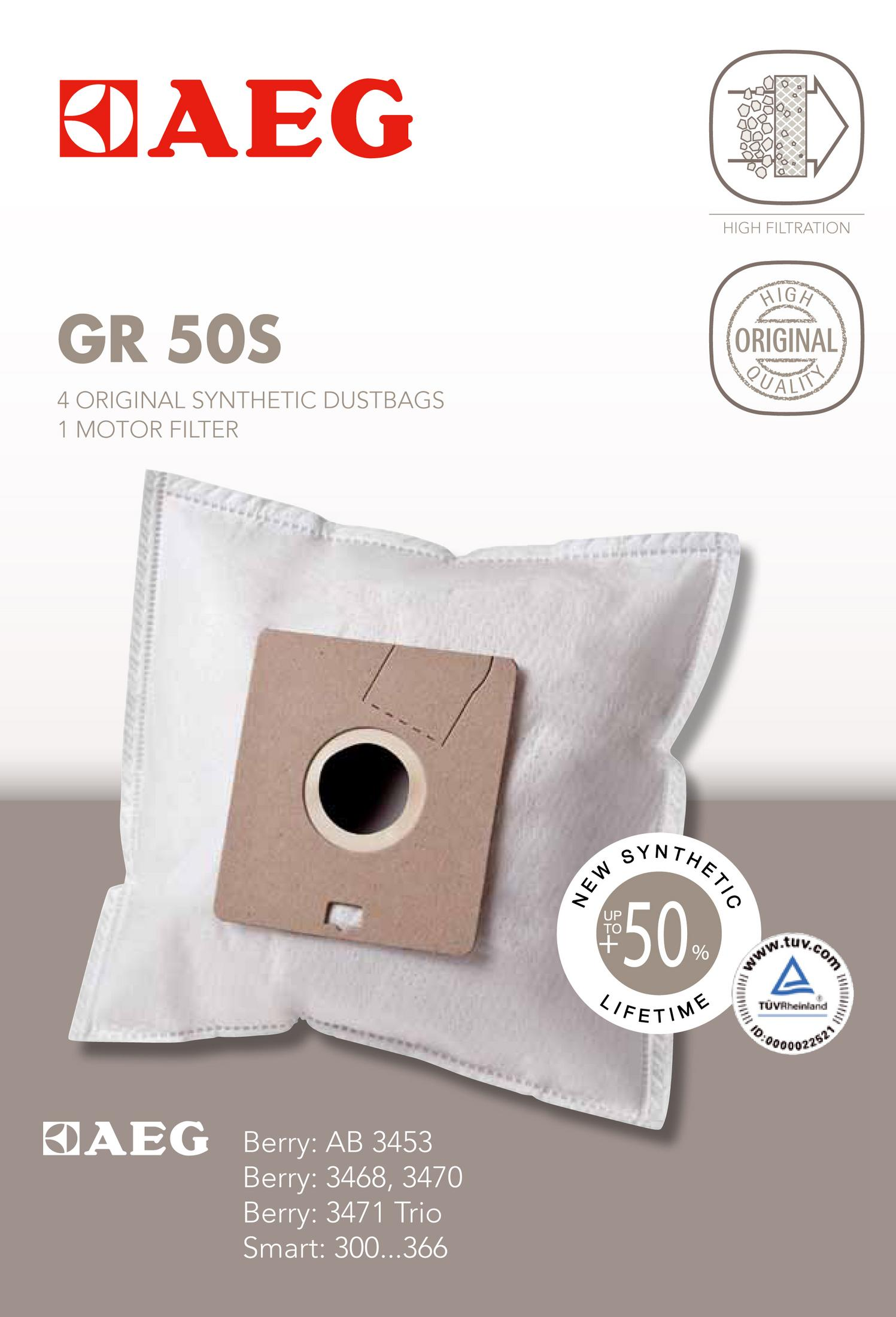 AEG GR 50S Staubbeutel: 4 Stück, 1 Motorfilter. Hohe Filtration, 50% mehr Lebenszeit.