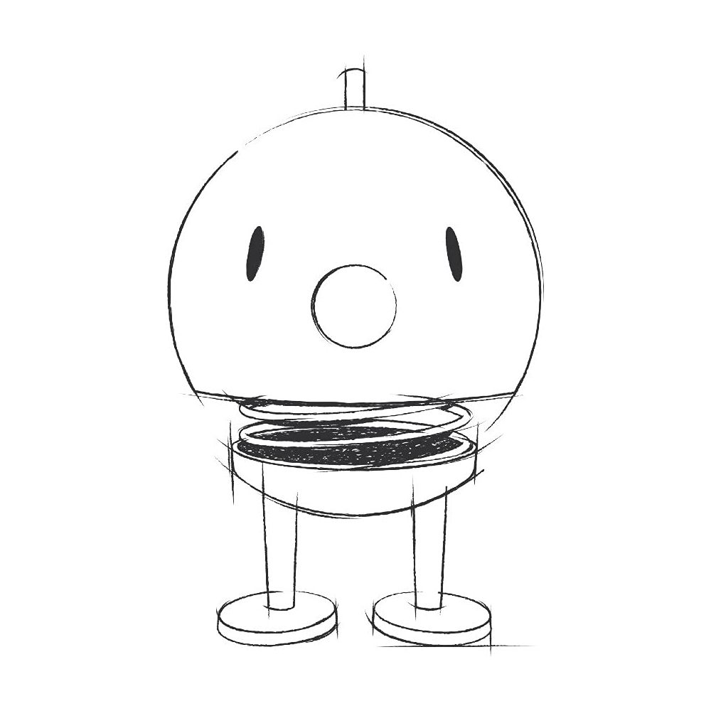 Bozzetto di un robot rotondo con un cerchio per bocca e due occhi ovali.