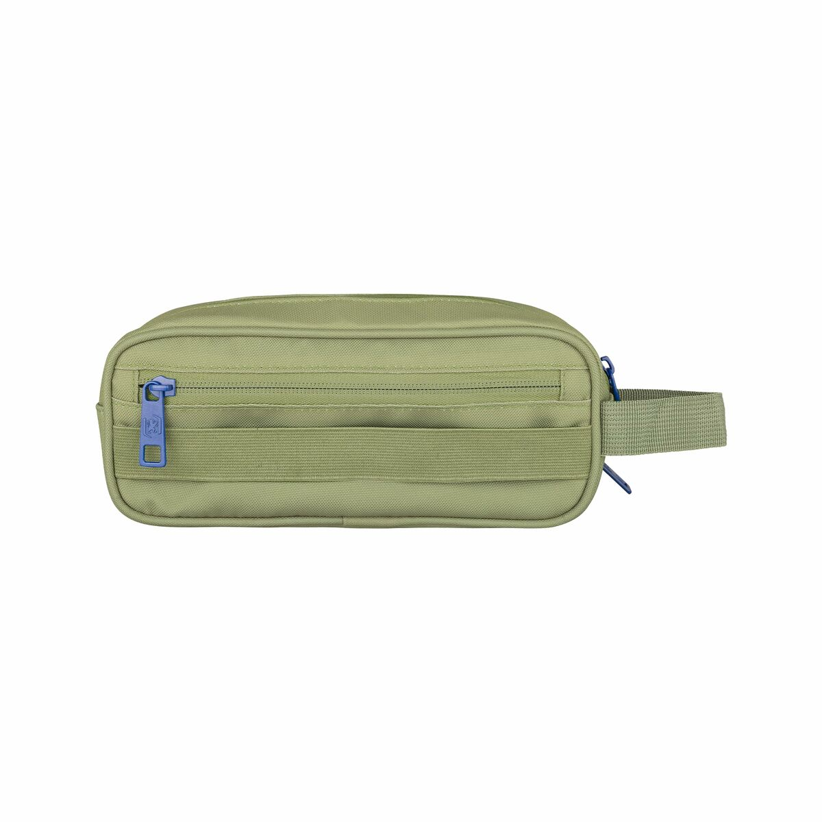 Eine olivgrüne Kulturtasche mit blauem Reißverschluss und Trageschlaufe.
