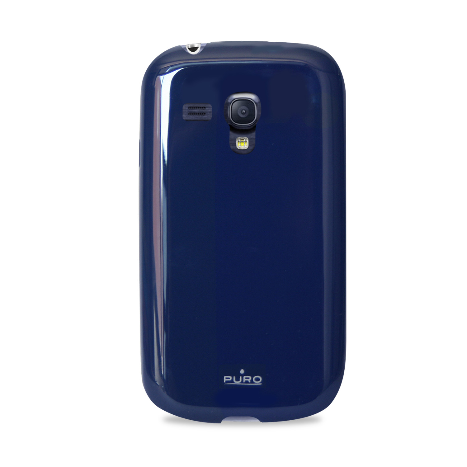 Custodia blu scuro per telefono con fotocamera, flash e altoparlante.