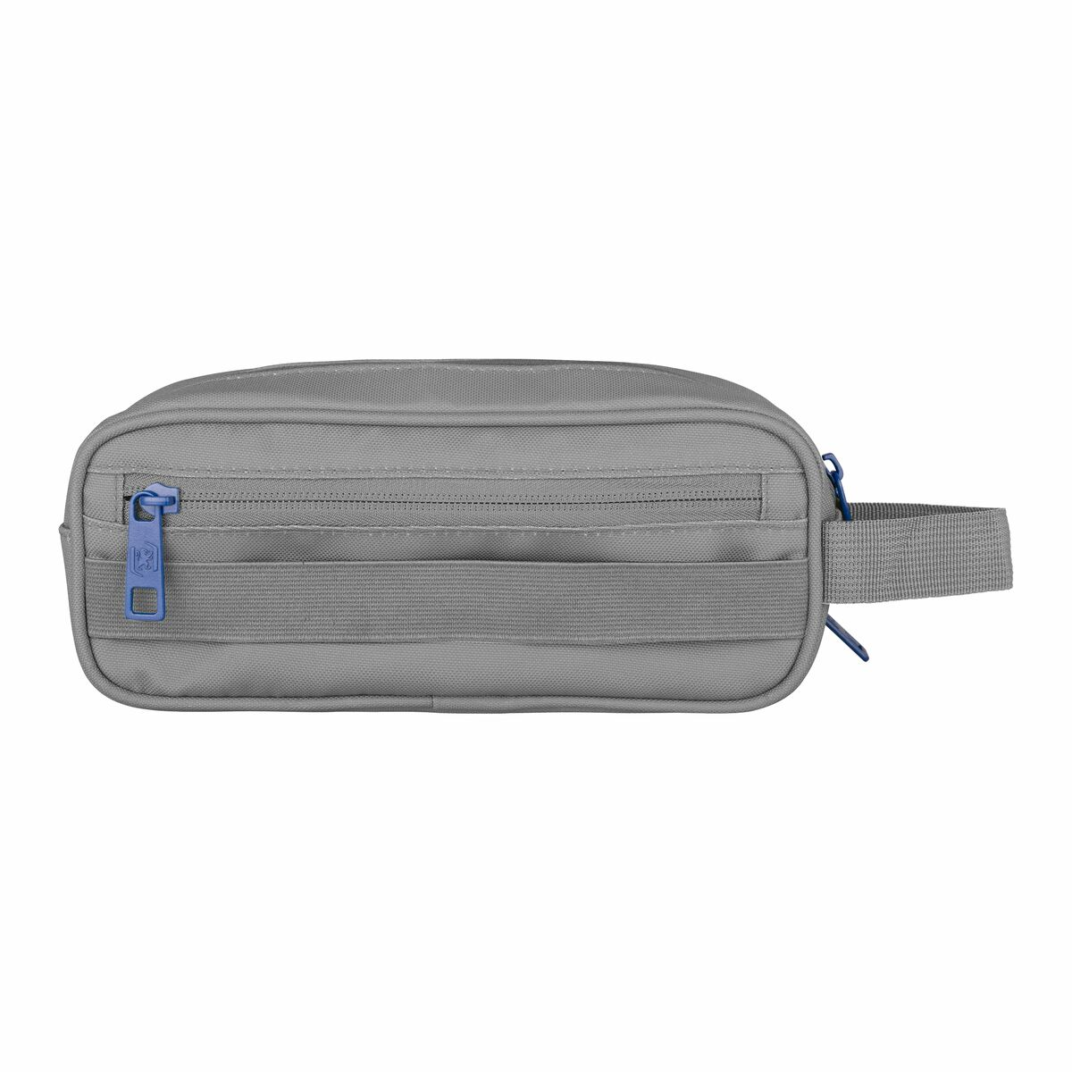 Graue Kulturtasche mit Reißverschluss und blauem Reißverschlussanhänger.