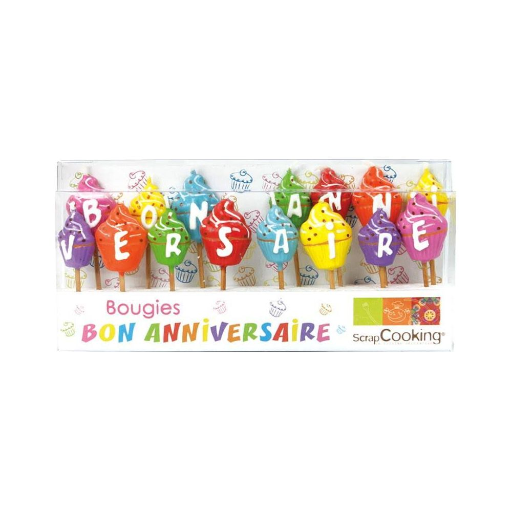 Cupcake-förmige Geburtstagskerzen buchstabieren "BON ANNIVERSAIRE" in bunten Buchstaben.