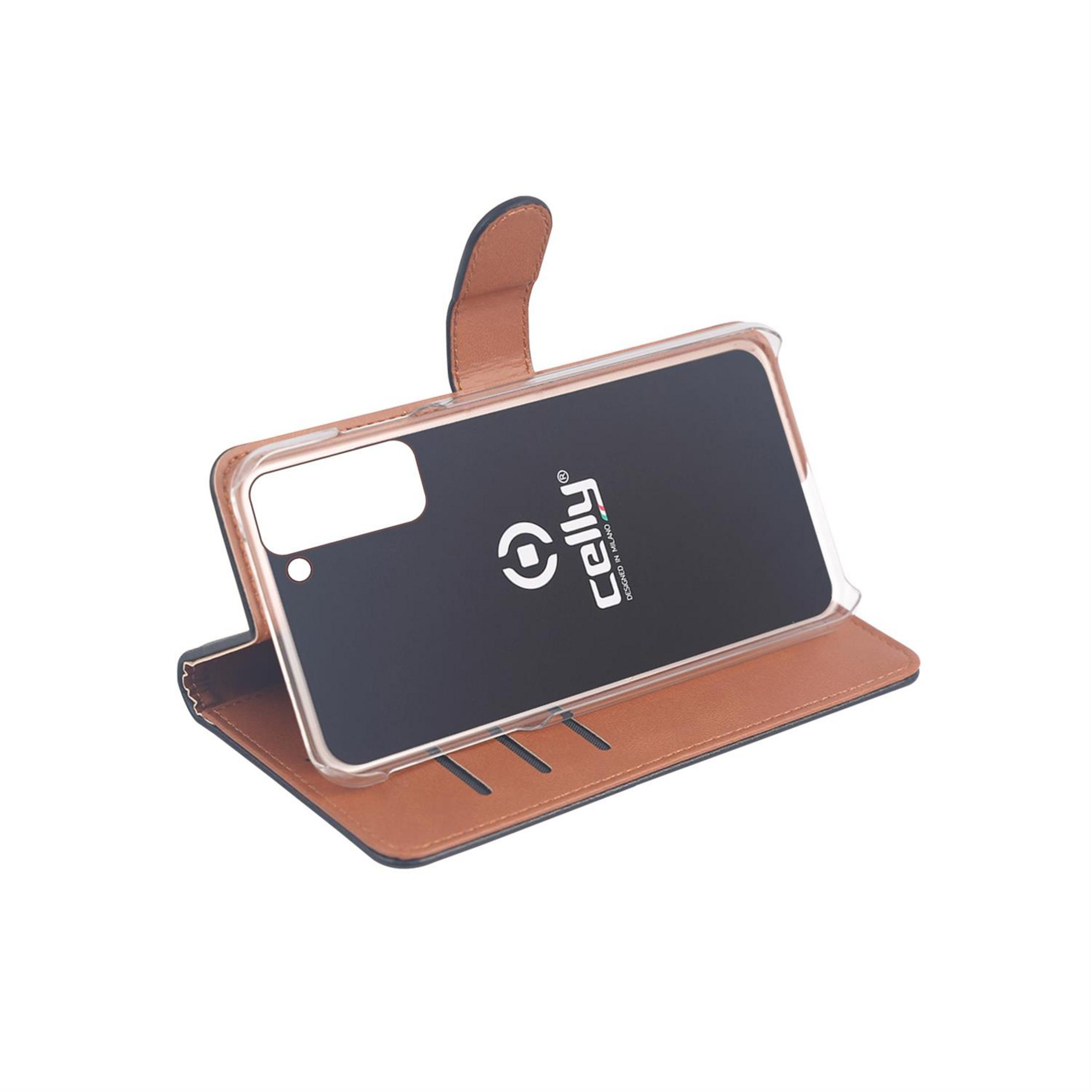 Custodia per telefono in pelle marrone con inserto trasparente e logo.