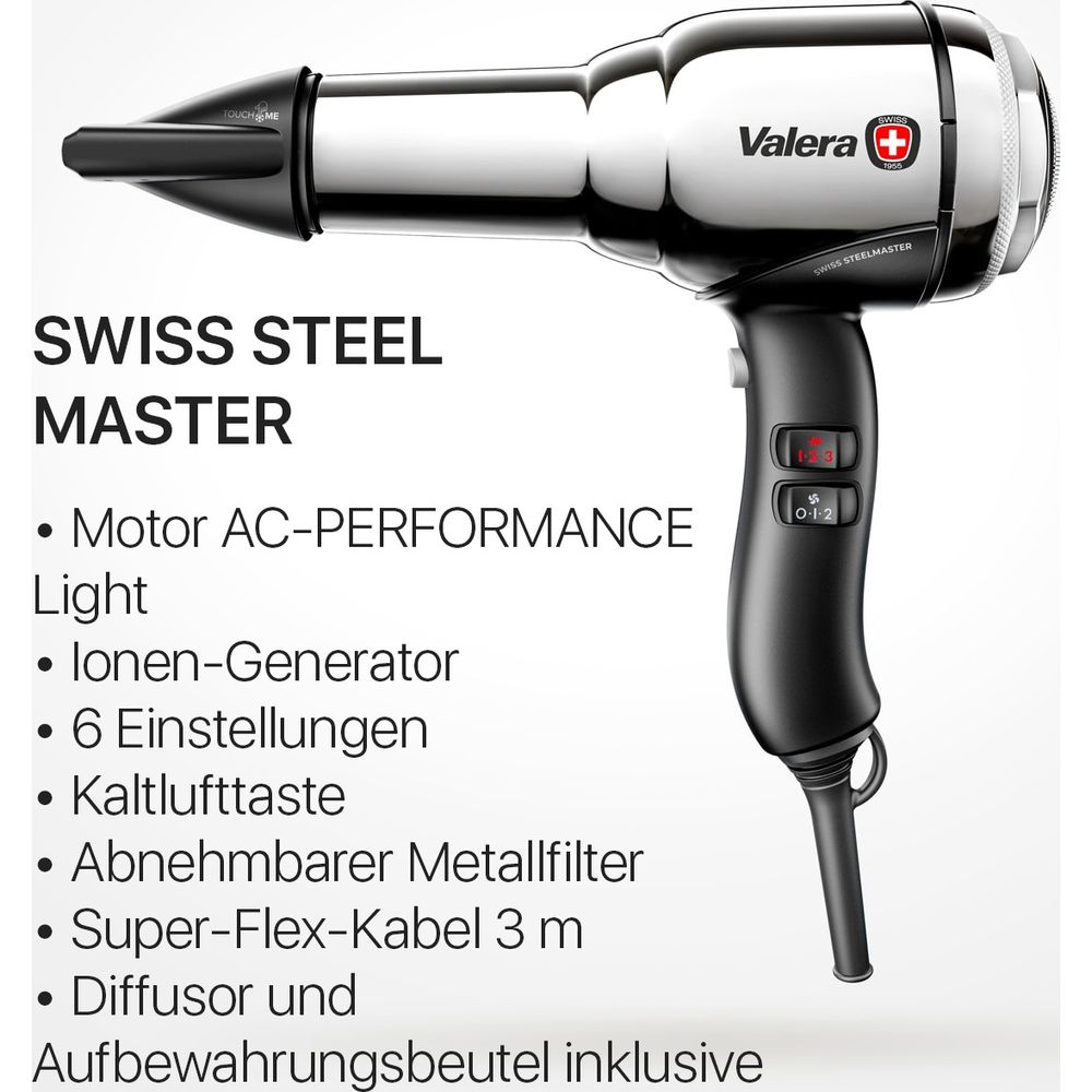 Ein silberner und schwarzer Valera Haartrockner mit "SWISS STEEL MASTER" Schriftzug.