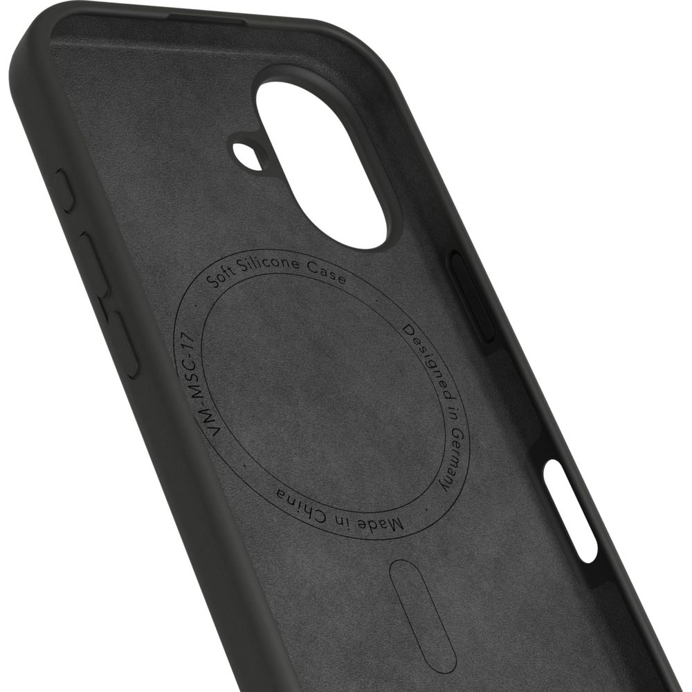 Schwarze Silikonhülle für ein Smartphone, mit Prägungen.