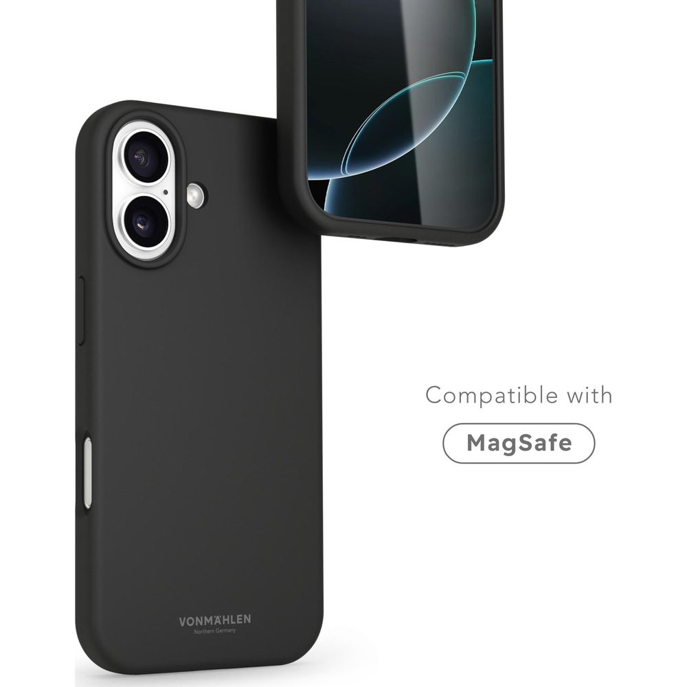 Schwarze Handyhülle mit zwei Kameras und MagSafe-Logo. Von Vonmählen.