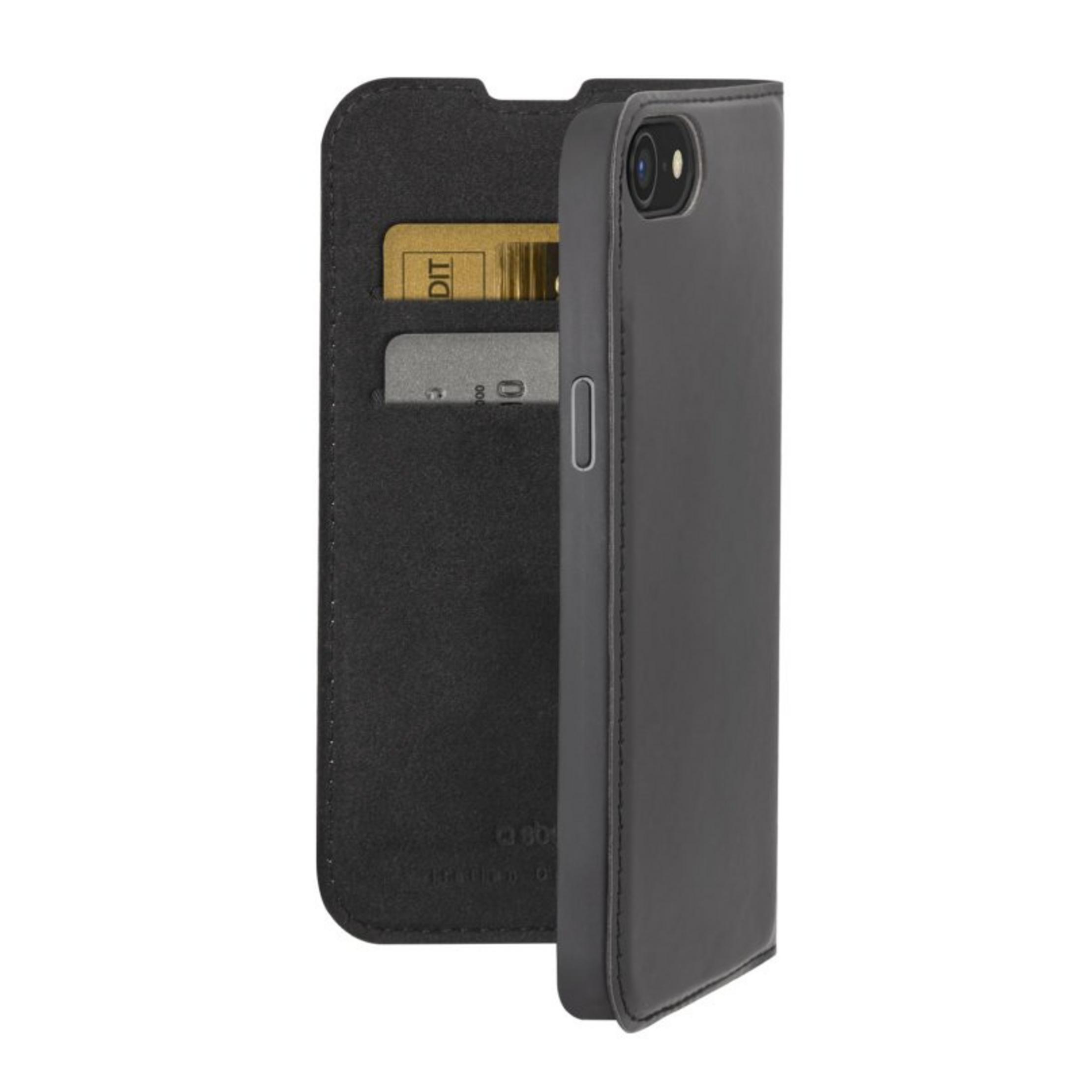 Schwarzes iPhone-Flipcase mit Kartenschlitz, zeigt eine Kreditkarte und das Telefon.