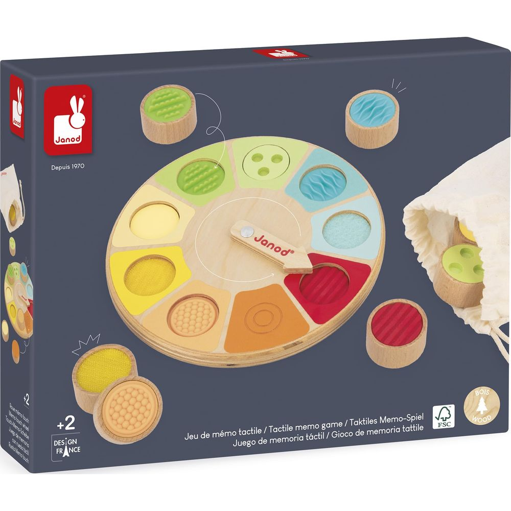 Ein Holz-Memo-Spiel mit farbigen Feldern und verschiedenen Texturen.